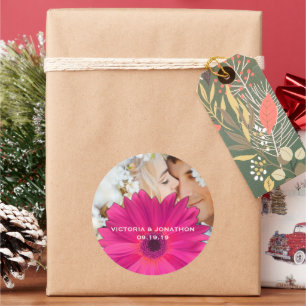 Sparen de Datum Foto Roze Gerber Daisy Wedding Ronde Sticker