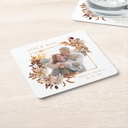 Sparen de Datum Fotobruiloft Vierkante Kartonnen Onderzetter (Schuin)