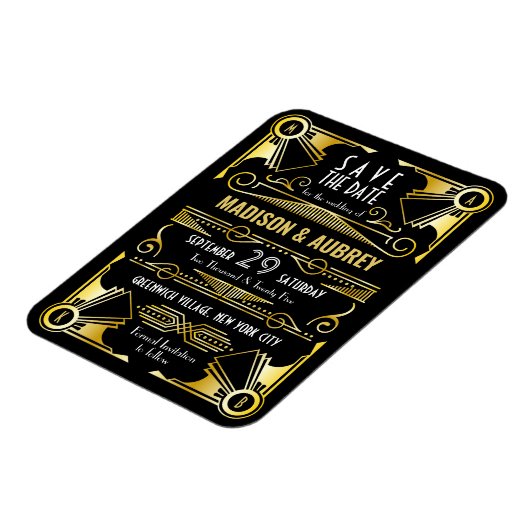 Sparen de Datum Gatsby Wedding Art Deco Gold Black Magneet (Linkerzijde)