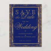 Sparen de Datum Gold Confetti en Donkerblauw Aankondigingskaart (Voorkant)