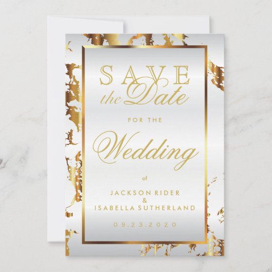 Sparen de Datum Gold Marble en Witte Satin Save The Date (Voorkant)