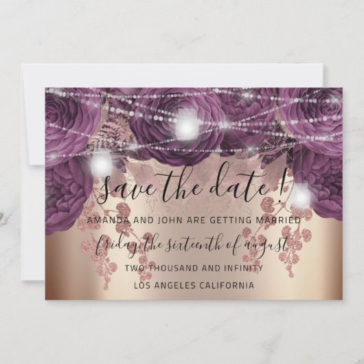 Sparen de Datum gouden Floral Paarse Rozen Lichten Save The Date (Voorkant)