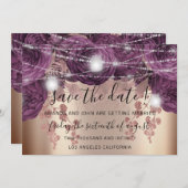 Sparen de Datum gouden Floral Paarse Rozen Lichten Save The Date (Voorkant / Achterkant)