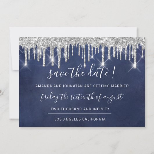 Sparen de Datum Kraft Silver Grey Drip Blue Navy Save The Date (Voorkant)
