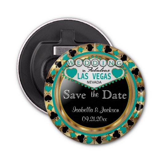 Sparen de Datum Las Vegas Stijl - Blauwgroen Button Flesopener (Voorkant)