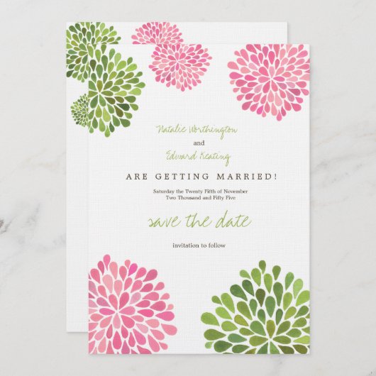 Sparen de Datum Linen Roze & Groene Bloemen Save The Date (Voorkant / Achterkant)