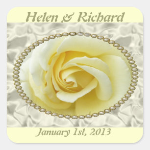 Sparen de datum met Gele Rozen, Pearls & Satin Vierkante Sticker