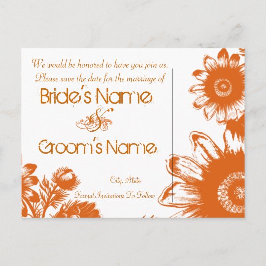 Sparen de Datum - Oranje op witte bloemen Aankondigingskaart (Achterkant)