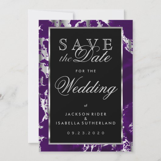 Sparen de Datum Paarse en Zilvermarmer Save The Date (Voorkant)