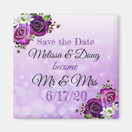 Sparen de Datum Paarse Rozen Wedding Magnet Magneet (Voorkant)
