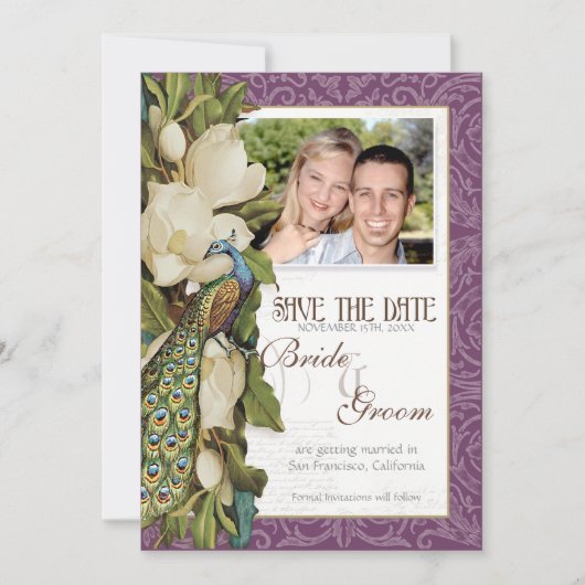 Sparen de Datum -  Pacock & Magnolia Swirls Save The Date (Voorkant)