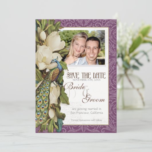 Sparen de Datum -  Pacock & Magnolia Swirls Save The Date (Staand voorkant)