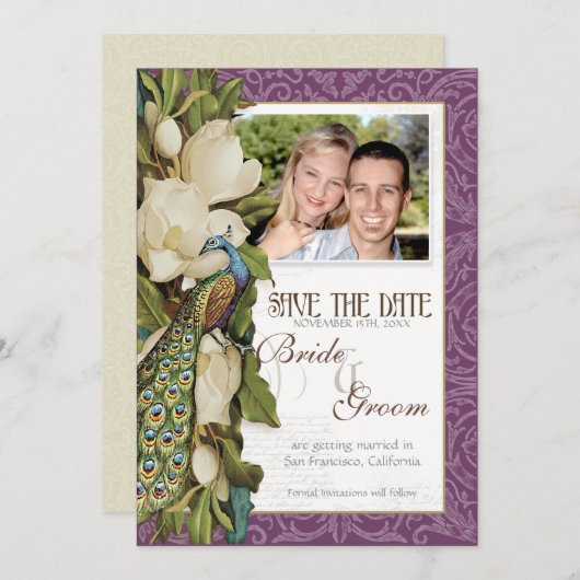 Sparen de Datum -  Pacock & Magnolia Swirls Save The Date (Voorkant / Achterkant)