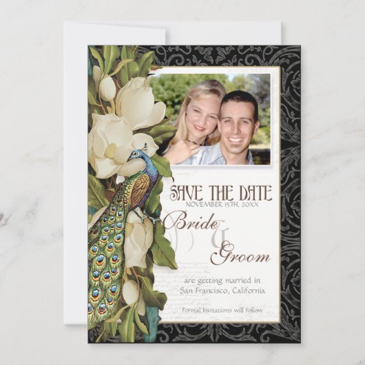 Sparen de Datum -  Pacock & Magnolia Swirls Save The Date (Voorkant)