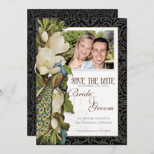 Sparen de Datum -  Pacock & Magnolia Swirls Save The Date (Voorkant / Achterkant)