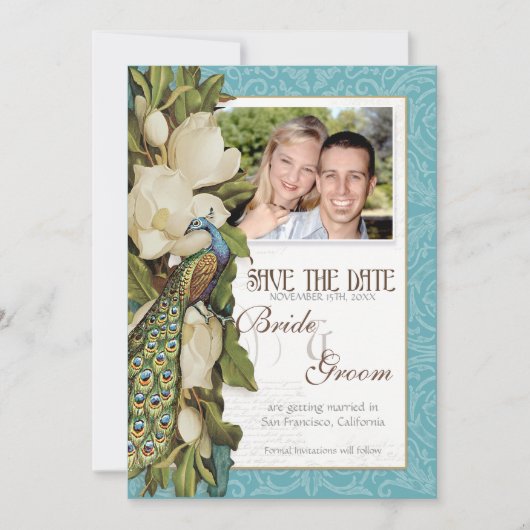 Sparen de Datum - Pacock & Magnolia Swirls Save The Date (Voorkant)