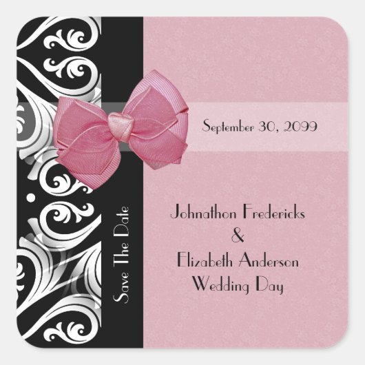Sparen de Datum Parisian Wedding Pink Ribbon Vierkante Sticker (Voorkant)