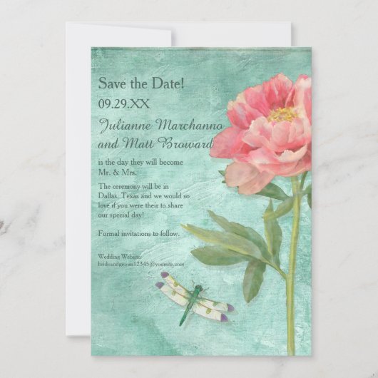 Sparen de Datum  Peony Bloemen in Dragonfly Save The Date (Voorkant)