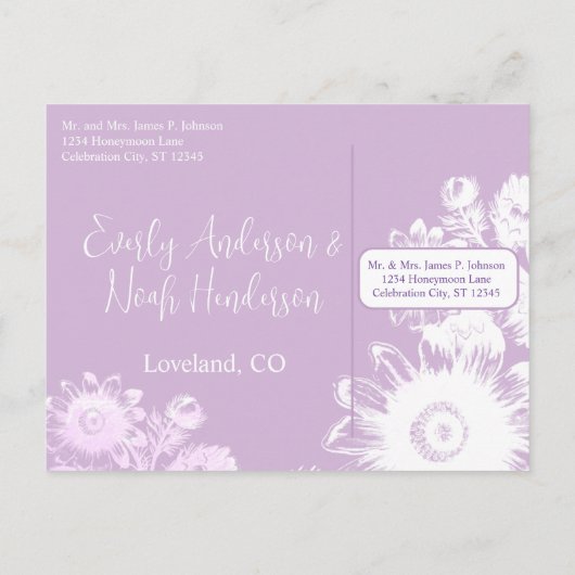 Sparen de Datum PeriwinkleLavender Bloemen Aankondigingskaart (Achterkant)