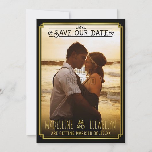 Sparen de Datum Retro Black Gold Deco Weddenfoto Save The Date (Voorkant)