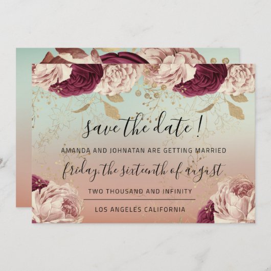 Sparen de Datum Roos Blauwe Rozen Marsala Save The Date (Voorkant / Achterkant)