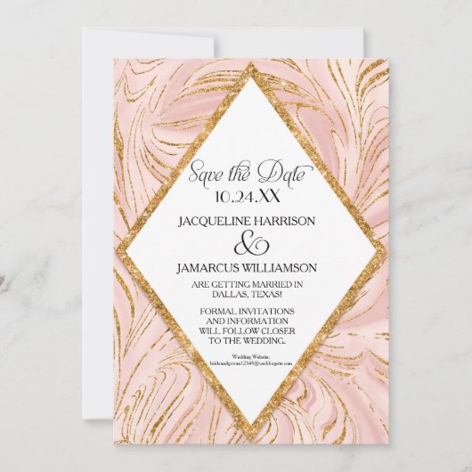 Sparen de Datum Roos Gold Faux Glitter Marble Blus Save The Date (Voorkant)