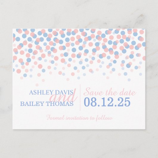 Sparen de datum roze blauwe confetti stippen trouw aankondigingskaart (Voorkant)