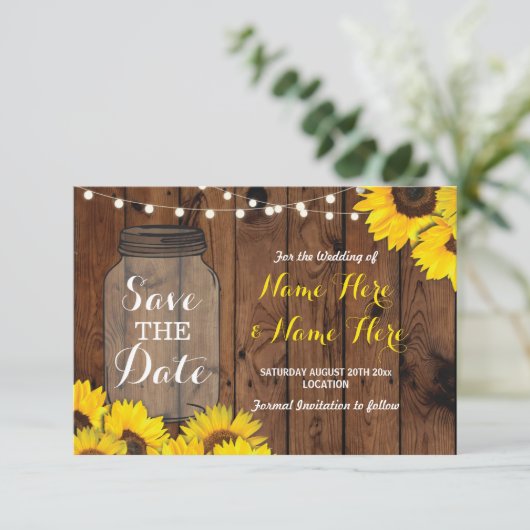 Sparen de Datum Rustic Jar Wood Sunflower Save The Date (Staand voorkant)