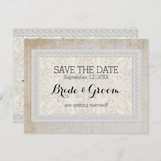 Sparen de Datum Rustic Lace w Aged Linen Aankondigingskaart (Voorkant / Achterkant)