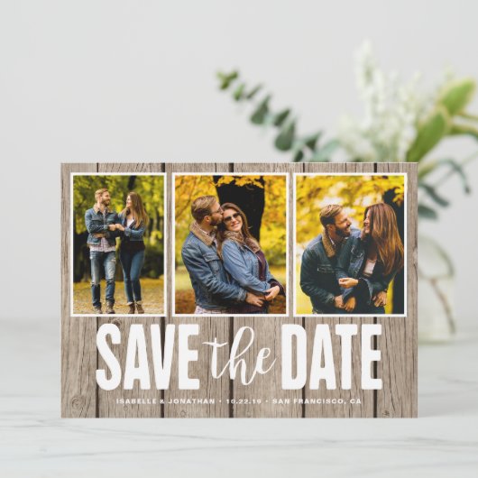 Sparen de Datum Rustic Light Wood 3 de Foto Collag Save The Date (Staand voorkant)