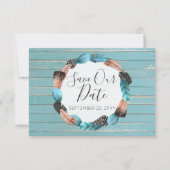 Sparen de Datum Rustic Turquoise feathers Boho Arr Kaart (Voorkant)