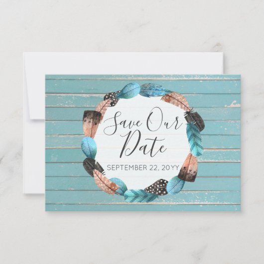 Sparen de Datum Rustic Turquoise feathers Boho Arr Kaart (Voorkant)