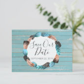 Sparen de Datum Rustic Turquoise feathers Boho Arr Kaart (Staand voorkant)