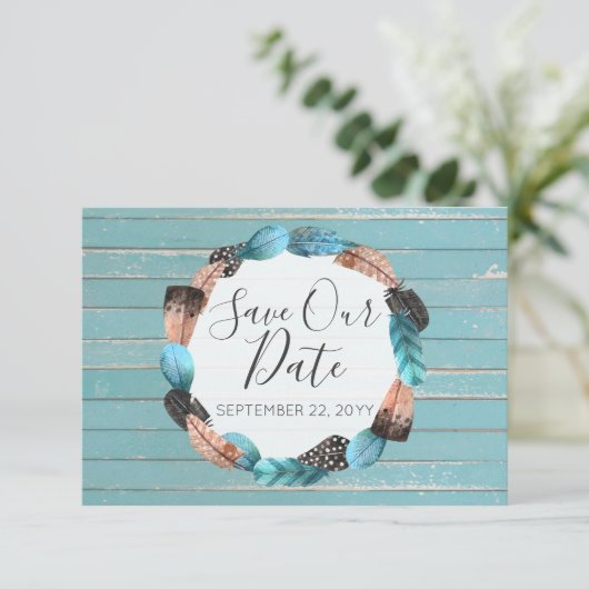 Sparen de Datum Rustic Turquoise feathers Boho Arr Kaart (Staand voorkant)