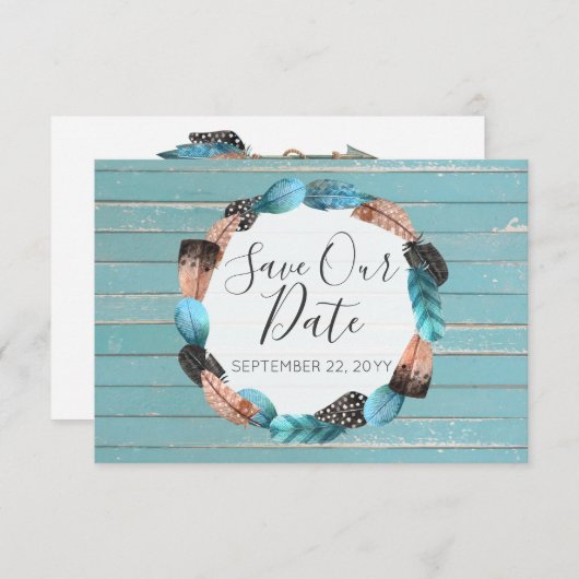 Sparen de Datum Rustic Turquoise feathers Boho Arr Kaart (Voorkant / Achterkant)