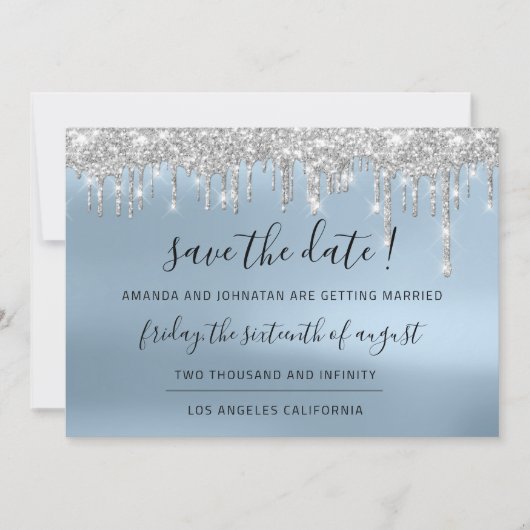 Sparen de Datum Silver Grey Blauwe Vonk DRUKTE Lux Save The Date (Voorkant)
