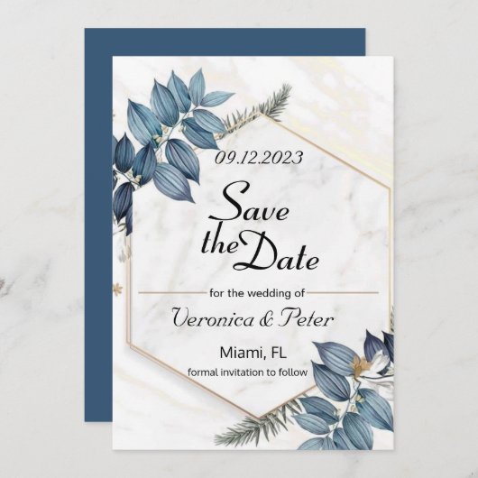 Sparen de datum stoffige blauwe bruiloft kaart (Voorkant / Achterkant)