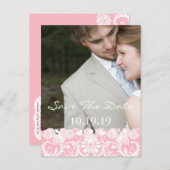 Sparen de Datum Uw Foto Roze en Witte Damask Aankondigingskaart (Voorkant / Achterkant)