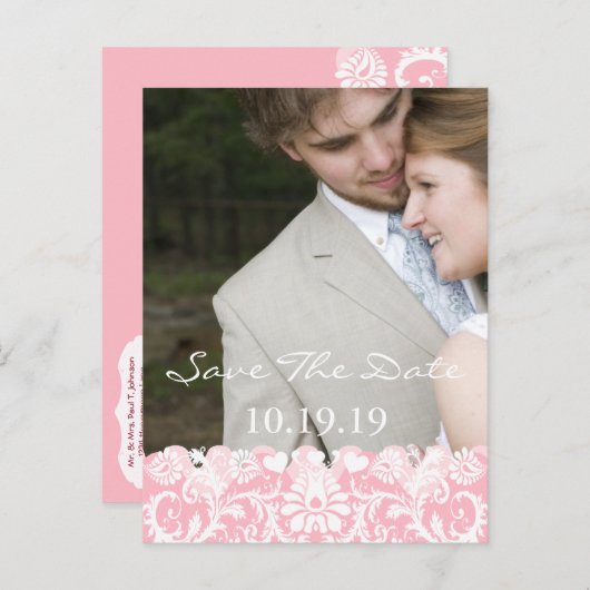 Sparen de Datum Uw Foto Roze en Witte Damask Aankondigingskaart (Voorkant / Achterkant)
