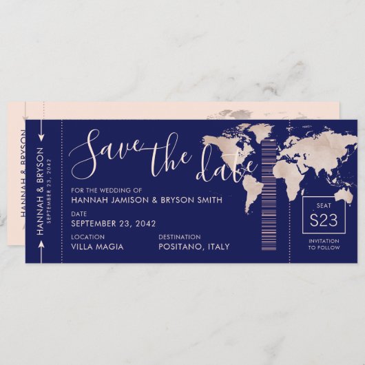 Sparen de Datum van het Roos Gold Wereldkaart die  Save The Date (Voorkant / Achterkant)