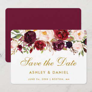 Sparen de Datum Waterverf Floral Burgundy Gold GB Save The Date