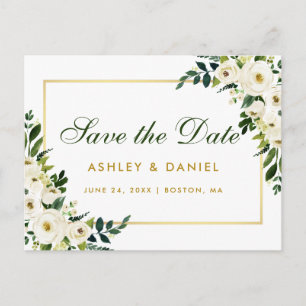 Sparen de Datum Waterverf Floral Groen Goud Aankondigingskaart