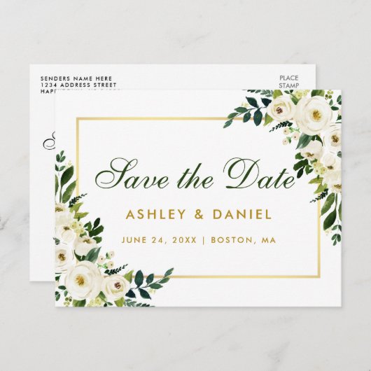 Sparen de Datum Waterverf Floral Groen Goud Aankondigingskaart (Voorkant / Achterkant)