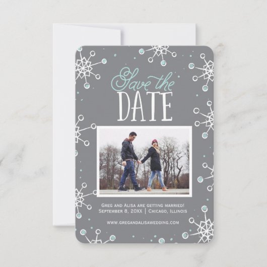 Sparen de Datum Winter Snowflake Weddin Blue Grey  Save The Date (Voorkant)