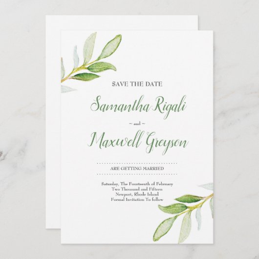 Sparen de Waterverf Greenery van de Datum Save The Date (Voorkant / Achterkant)