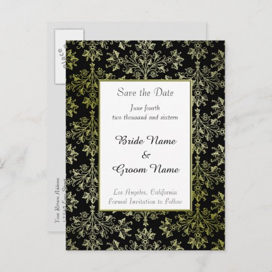 Sparen Elegant de Datum Golden Damask Pattern Kaar Aankondigingskaart (Voorkant / Achterkant)