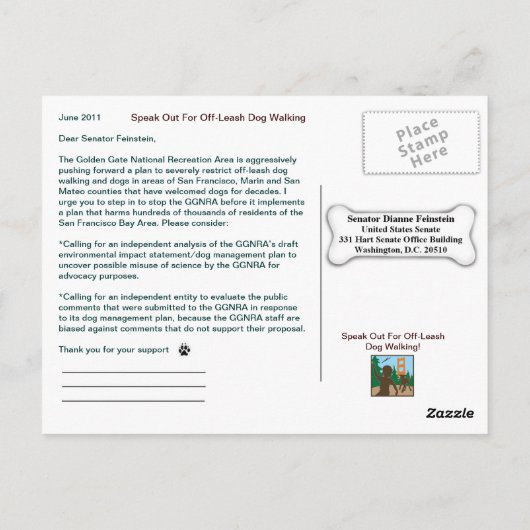 Sparen Off-Leash Dog Walking Senator Feinstein! Briefkaart (Achterkant)