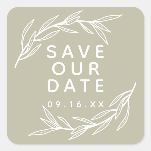Sparen Onze Datum Laurel Leaves Vierkante Sticker (Voorkant)