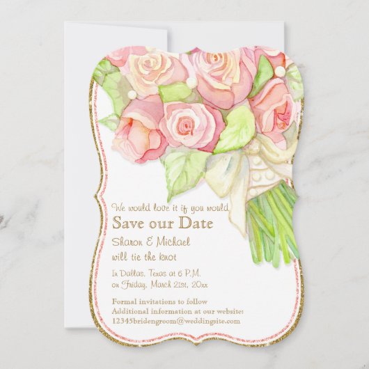Sparen Onze Datum Waterverf Rose Bouquet Pearls Save The Date (Voorkant)