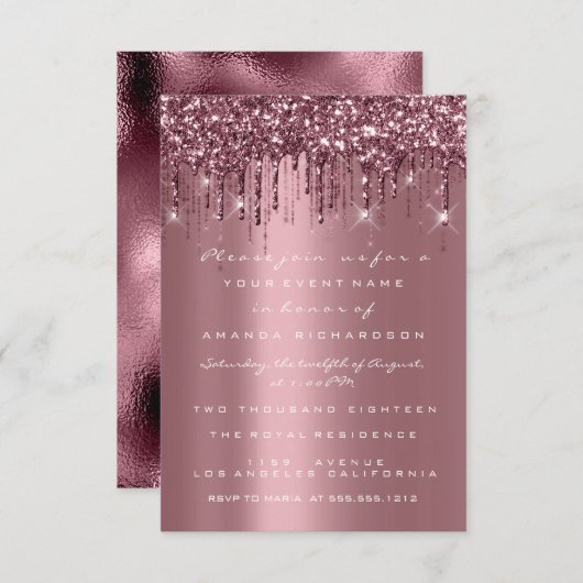 Spark Glitter Drips Roze Bruidsrood Zoete 16e Kaart (Voorkant / Achterkant)